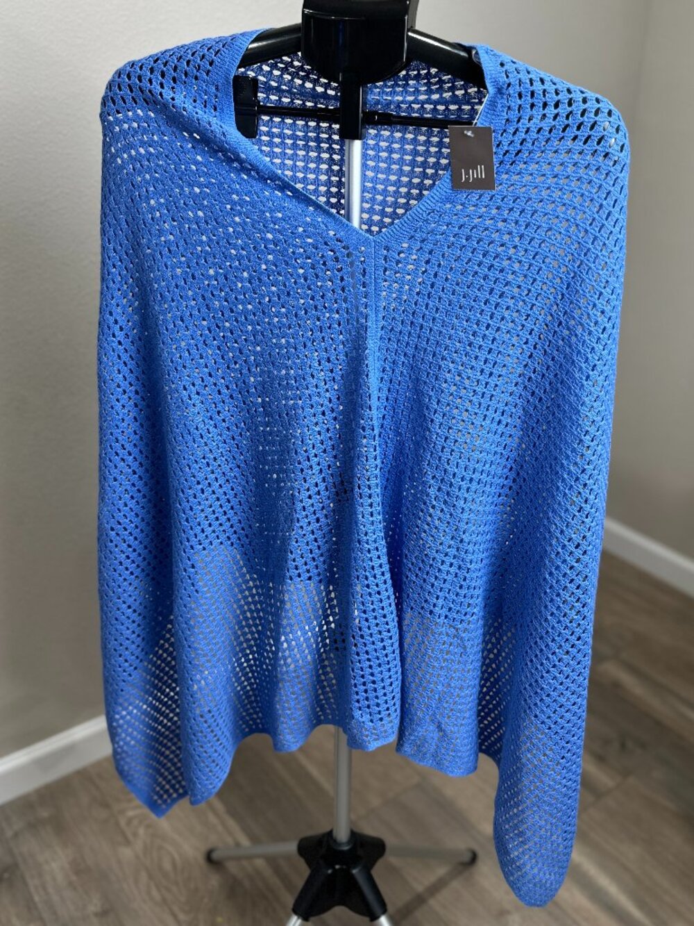J.Jill Blue Linen Cotton Open Knit V-Neck Poncho Sweater One Size NWT
